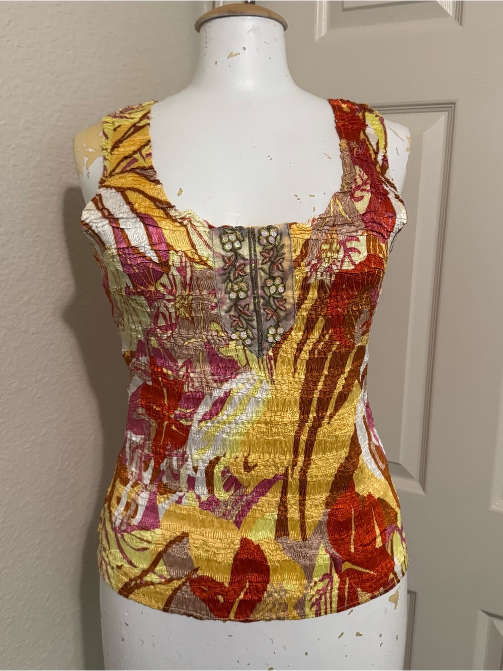 Alberto Makali Women’s Floral Multicolor Beaded Sequin Tank Square Neck Sz L